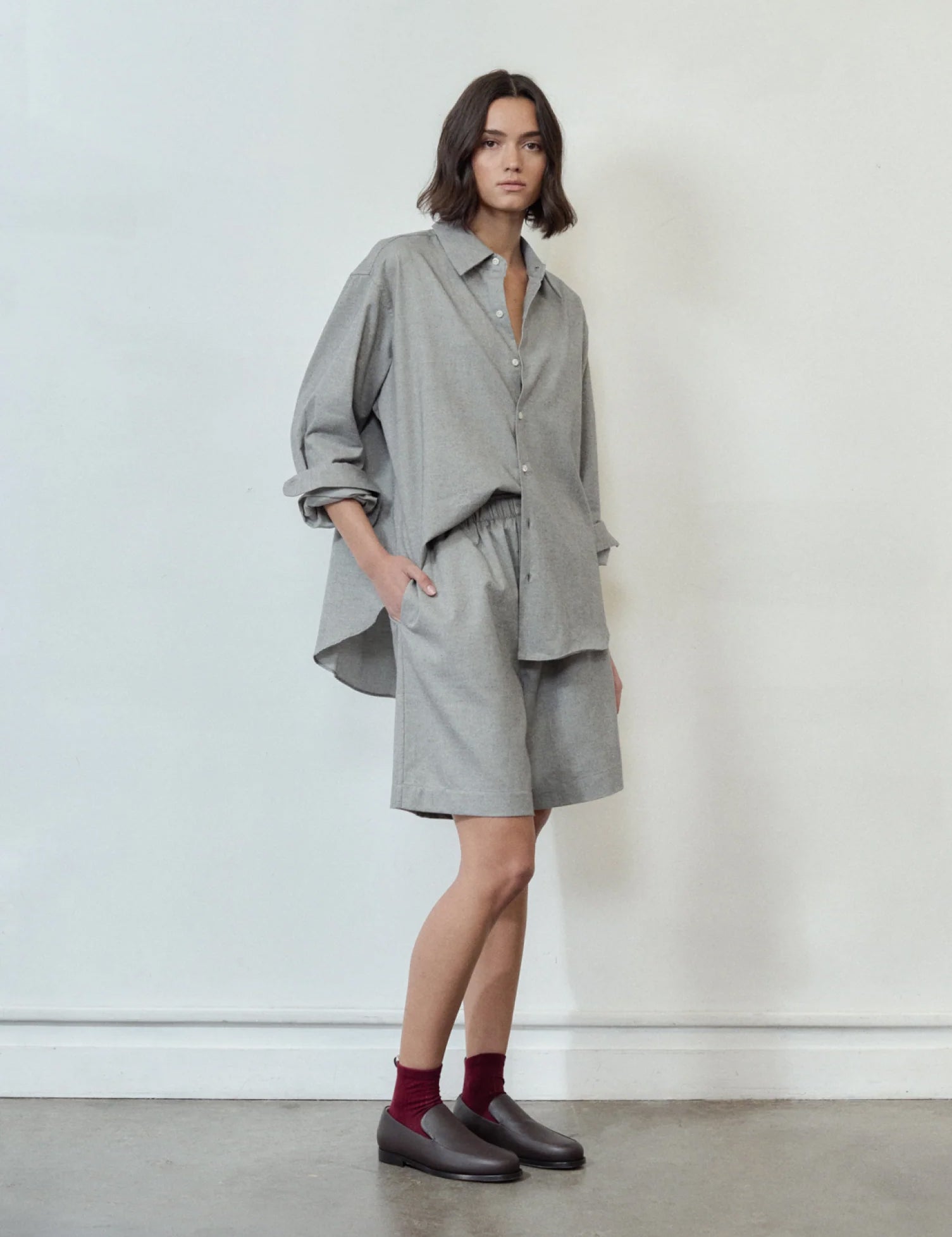 Comme Si La Boxer Bermuda Light Grey Cotton Flannel, curated by Shop Sommer in San Francisco.