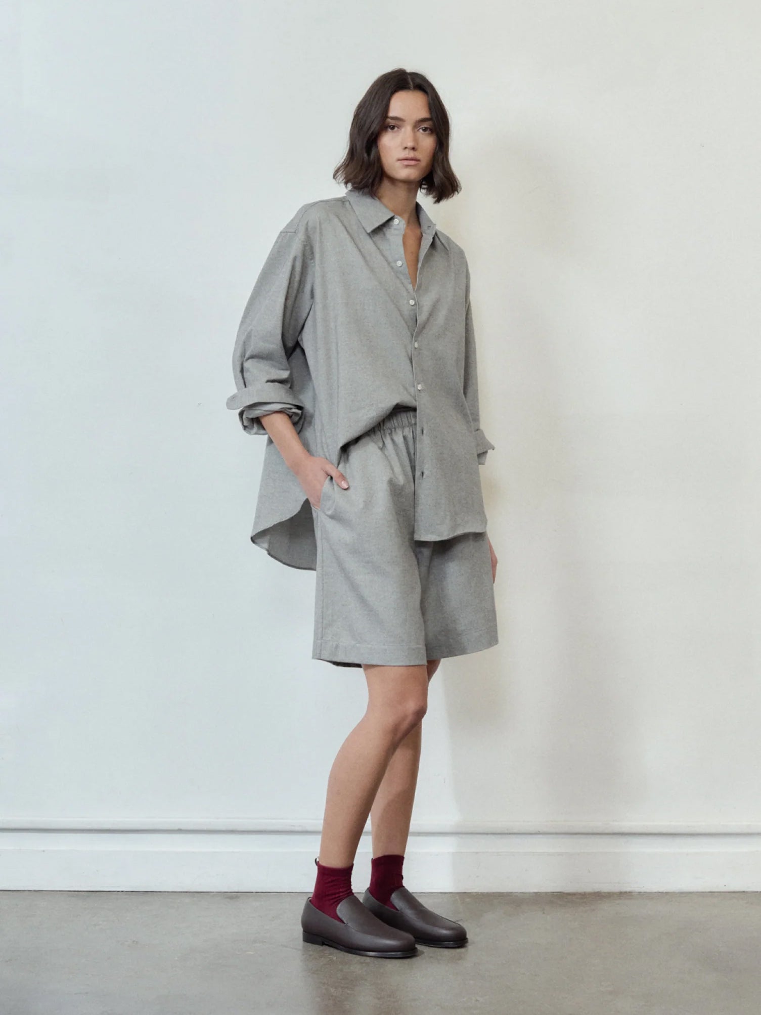 Comme Si La Boxer Bermuda Light Grey Cotton Flannel, curated by Shop Sommer in San Francisco.