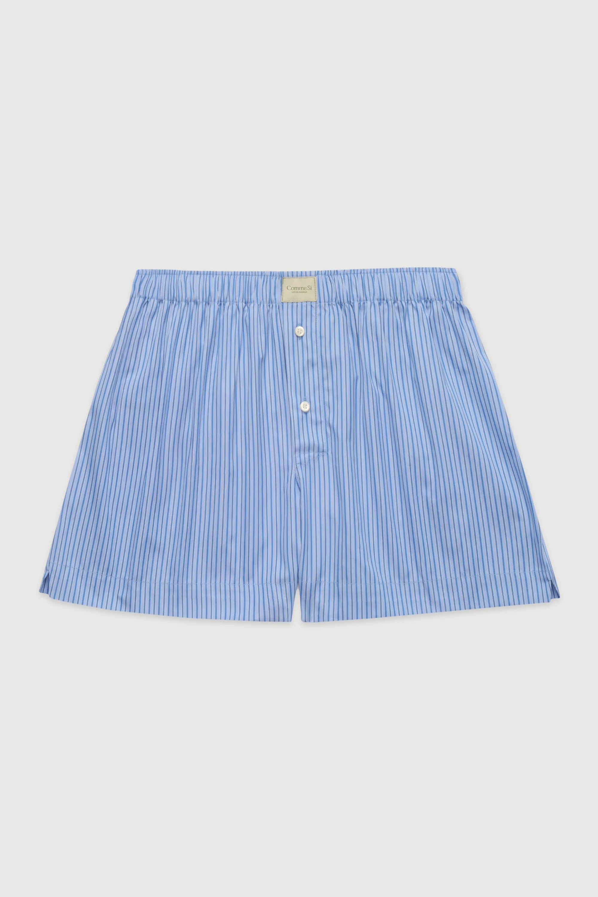 Comme Si La Boxer Short Classica in Celeste Stripe, curated by Shop Sommer in San Francisco.