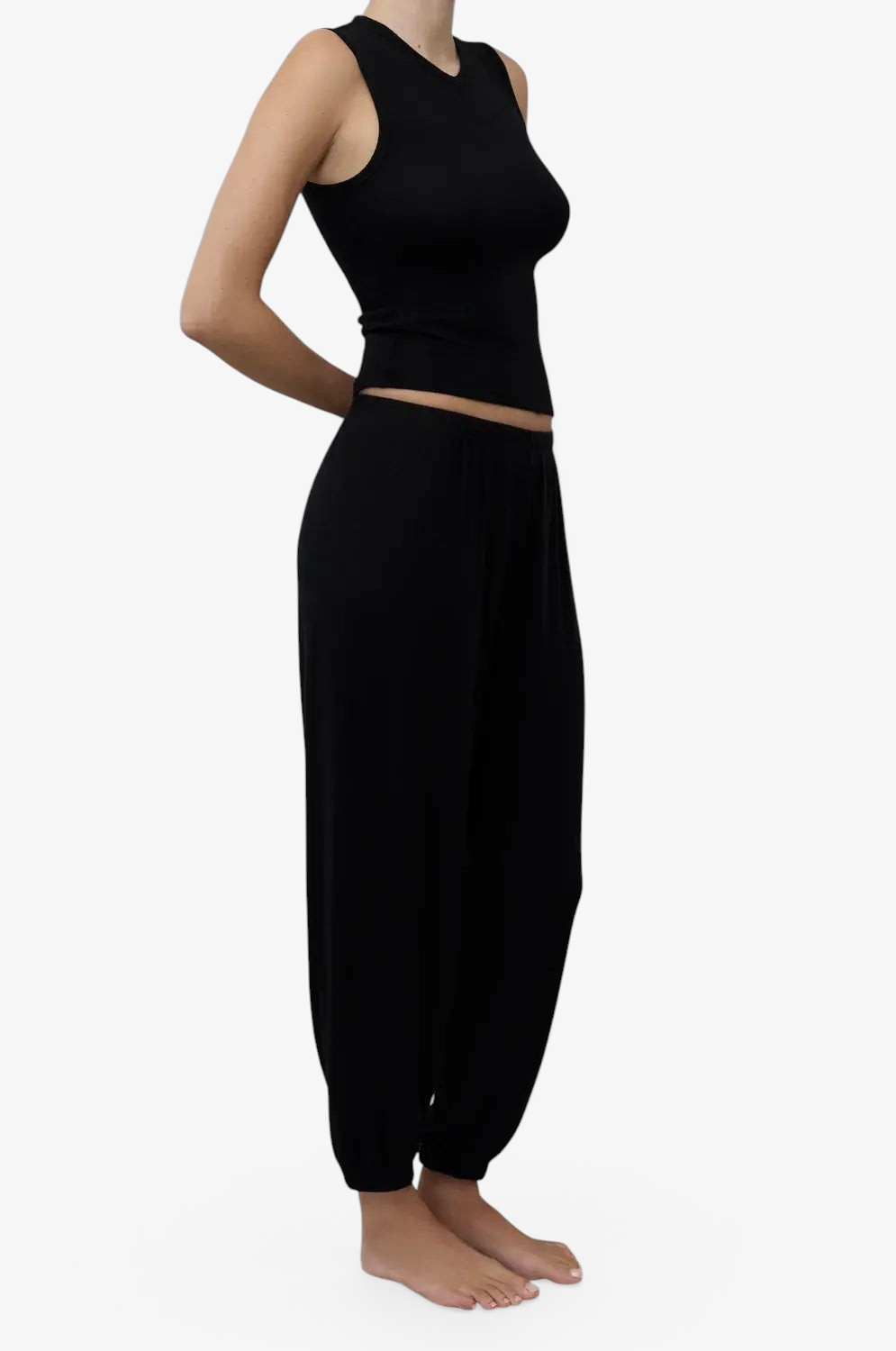 Sommer black relaxed joggers made from soft TENCEL Lyocell Hacci with elasticated waist and tapered cuffs
