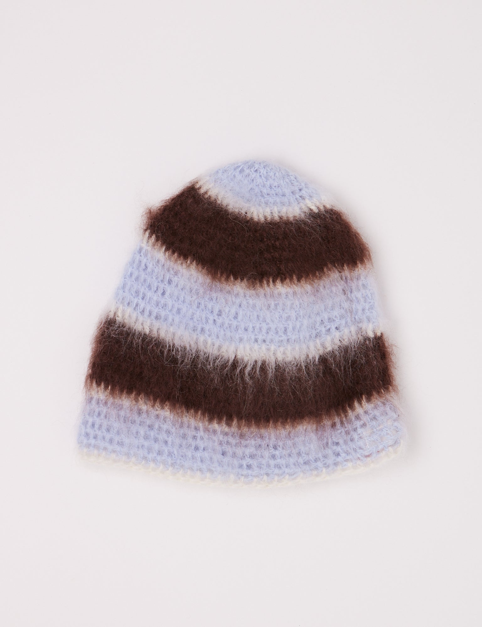 Lila Schaefer Brushed Mohair Hat Brown Blue and White Stripe, curated by Shop Sommer in San Francisco.