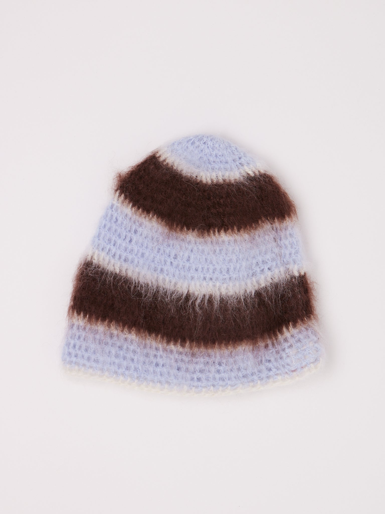 Lila Schaefer Brushed Mohair Hat Brown Blue and White Stripe, curated by Shop Sommer in San Francisco.