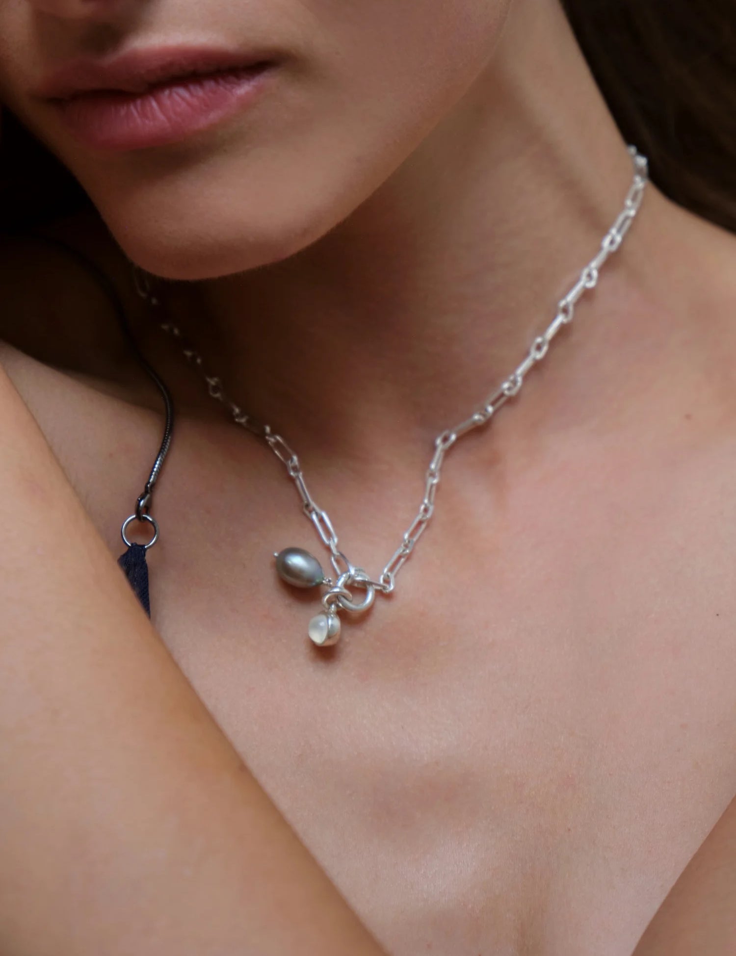 Nathalie Schreckenberg Medium Square Chain Necklace with Pearl and Moonstone Charms, curated by Shop Sommer in San Francisco.