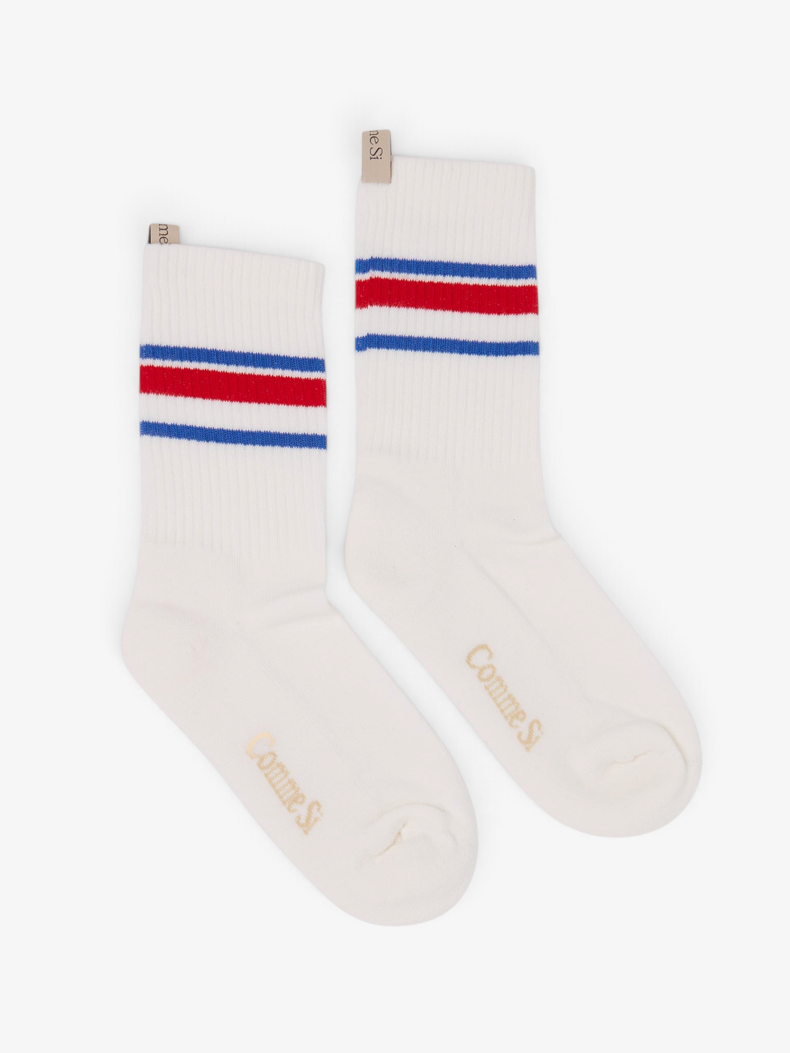 Sommer Comme Si white organic Egyptian cotton tube socks with red and blue stripes and ribbed cuffs