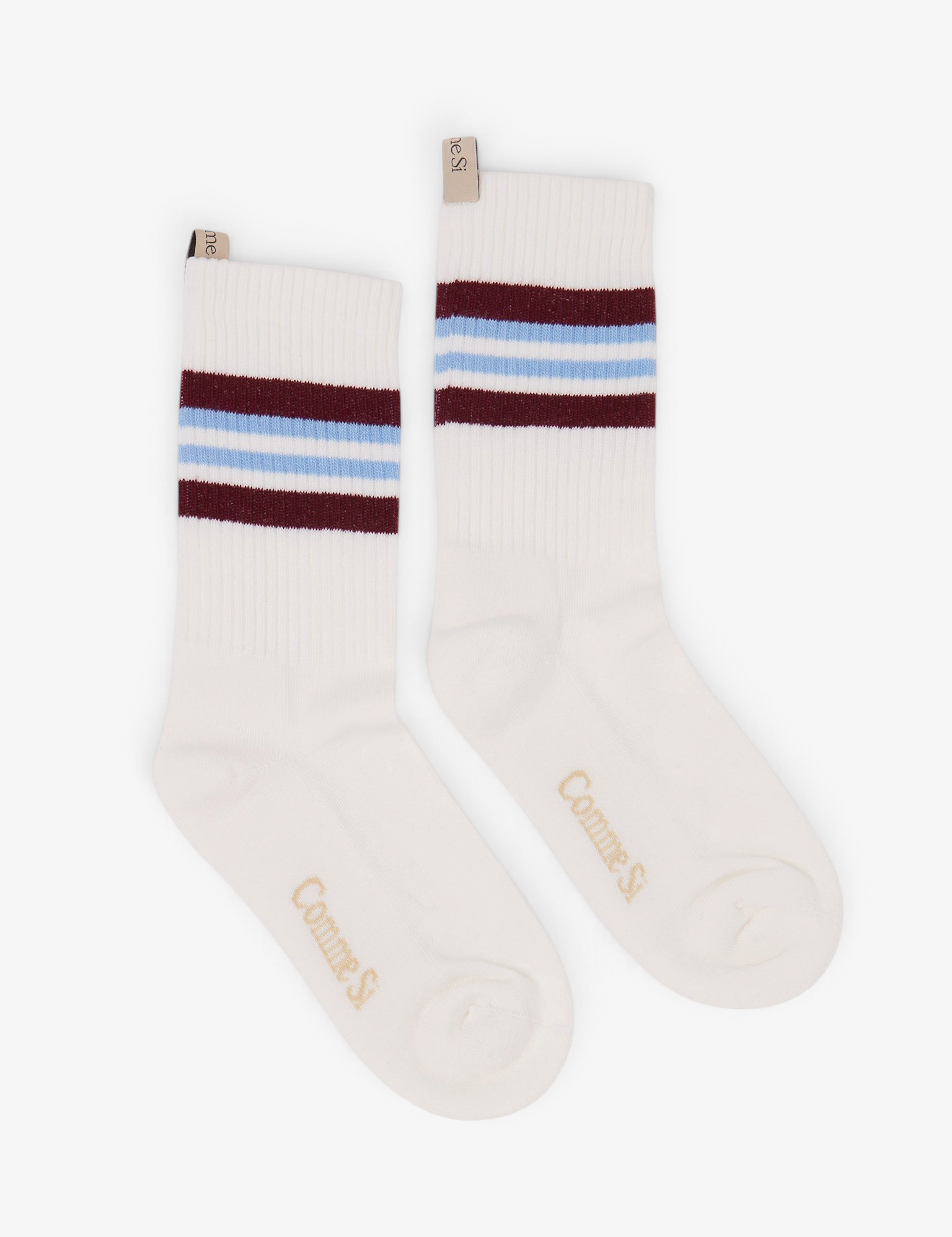 Sommer Comme Si white organic Egyptian cotton tube socks with burgundy and light blue stripes