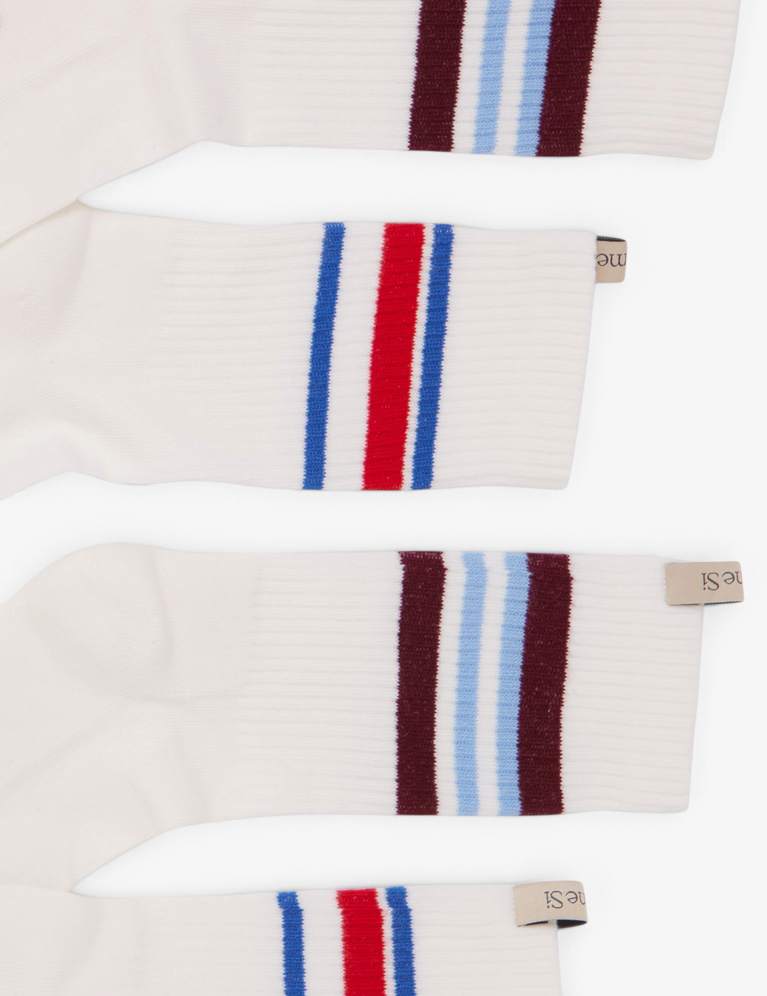 Sommer Striped Tube Socks in white organic Egyptian cotton with red, blue, and burgundy athletic stripe details.