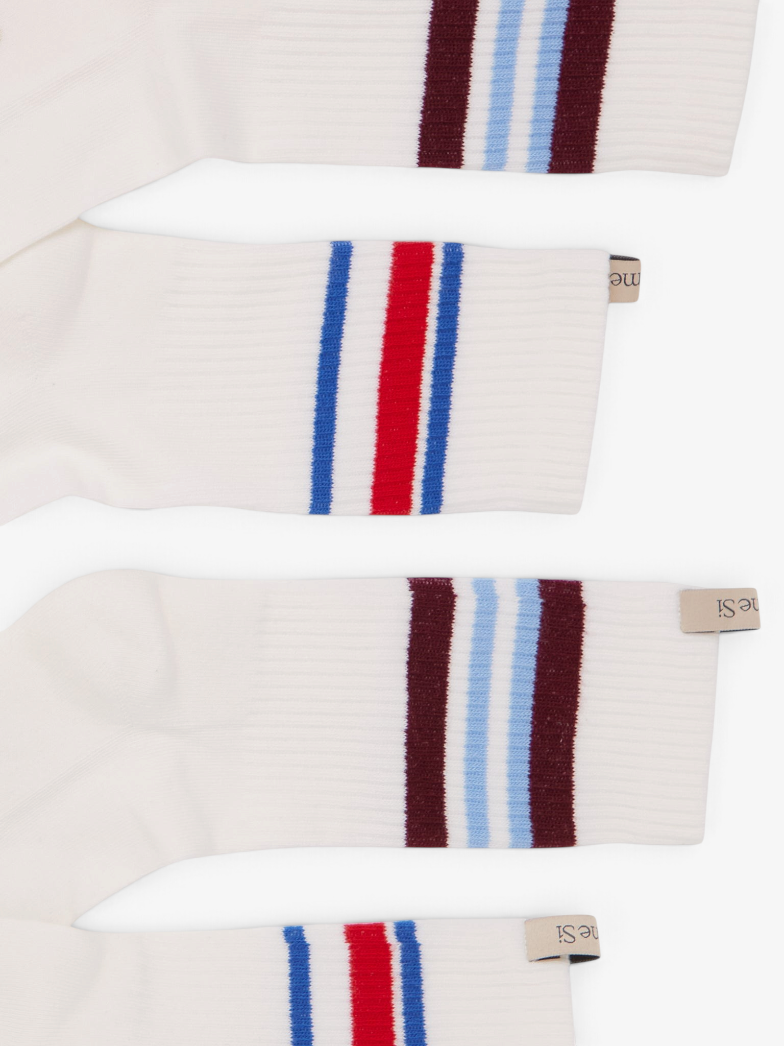 Sommer Striped Tube Socks in white organic Egyptian cotton with red, blue, and burgundy athletic stripe details.