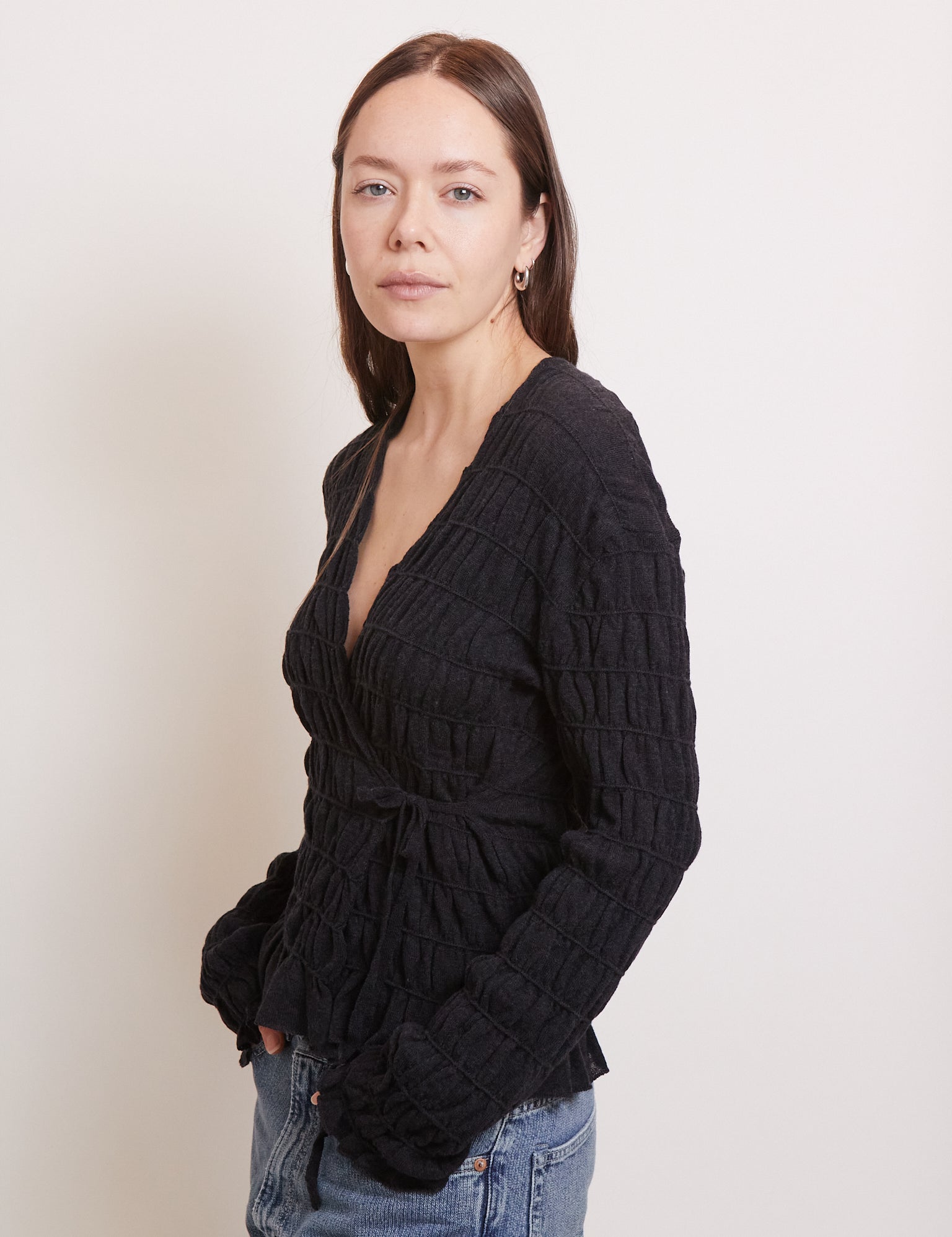 Cordera Merino Wool Gathered Cardigan Anthracite, curated by Shop Sommer in San Francisco.