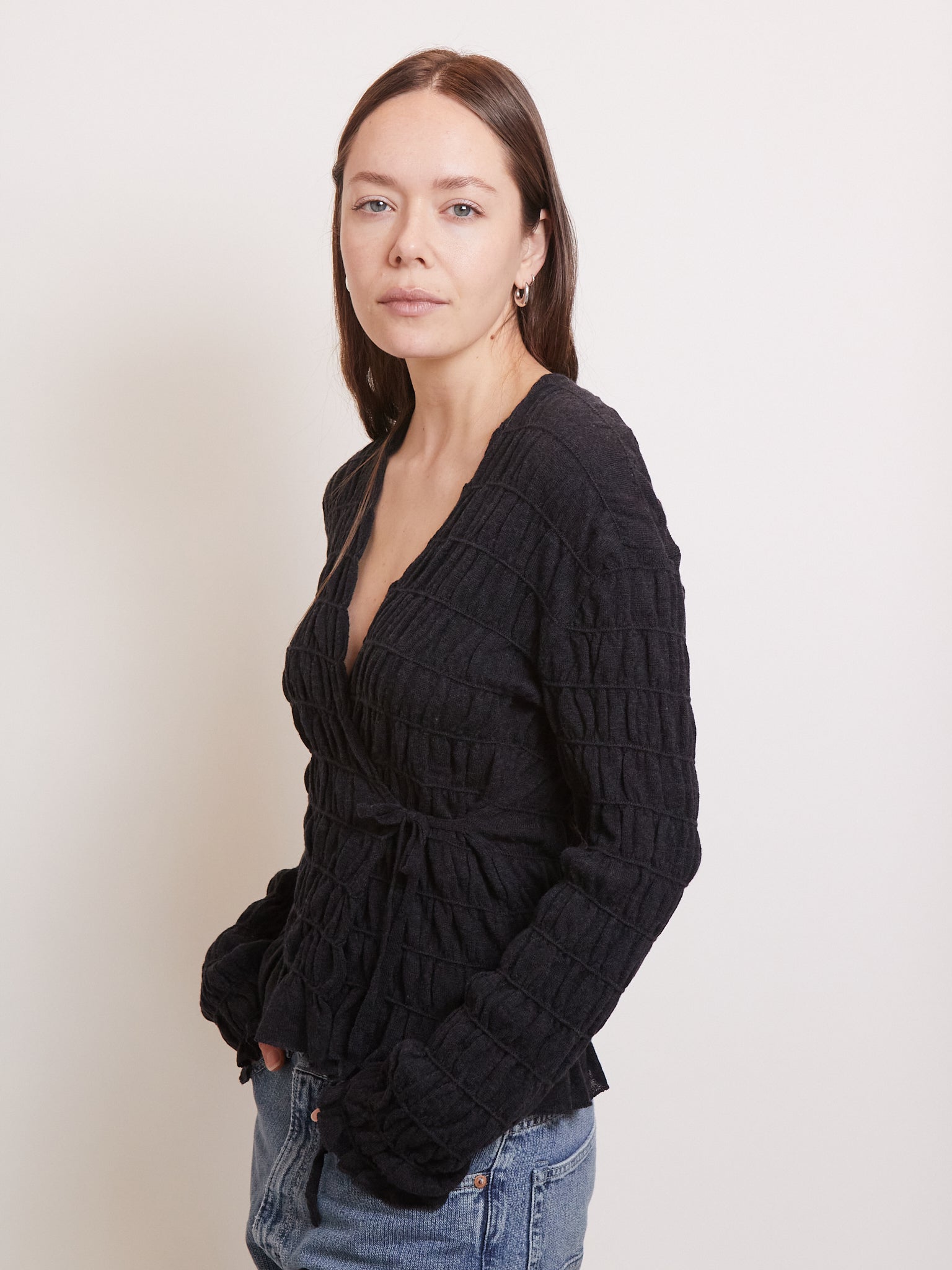 Cordera Merino Wool Gathered Cardigan Anthracite, curated by Shop Sommer in San Francisco.