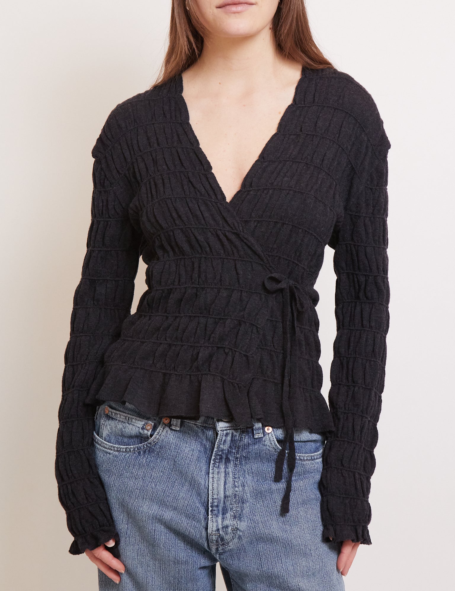 Cordera Merino Wool Gathered Cardigan Anthracite, curated by Shop Sommer in San Francisco.