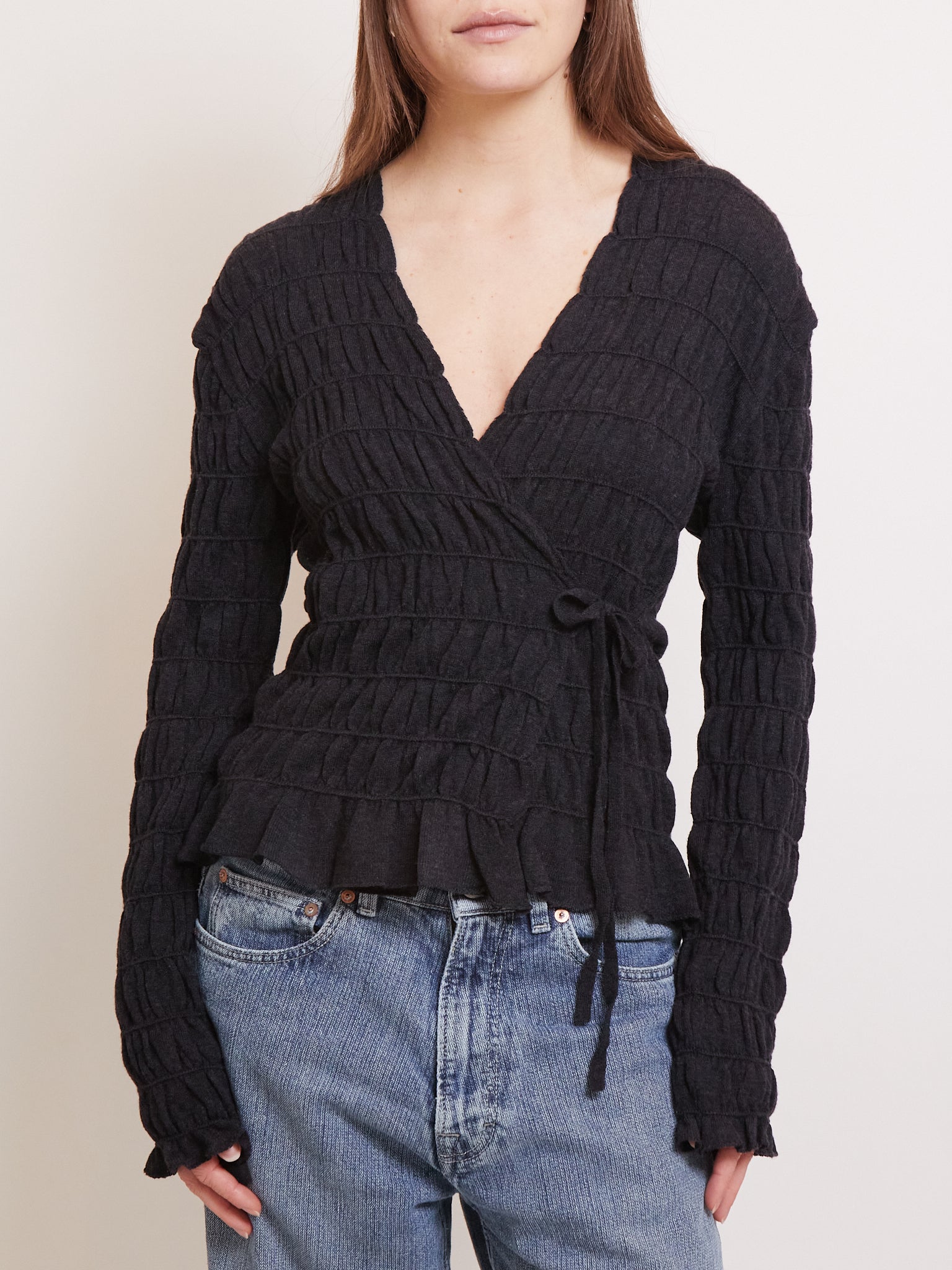Cordera Merino Wool Gathered Cardigan Anthracite, curated by Shop Sommer in San Francisco.
