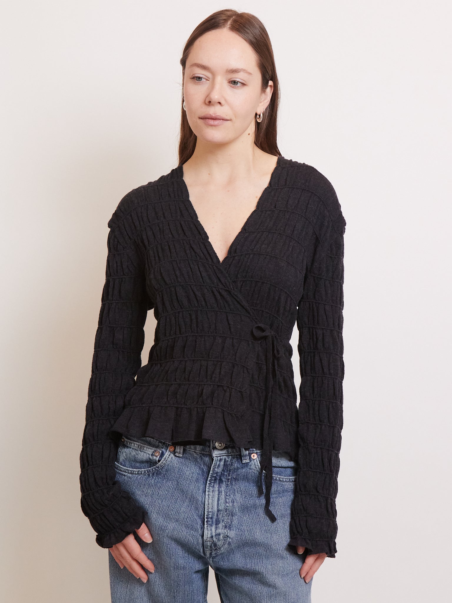 Cordera Merino Wool Gathered Cardigan Anthracite, curated by Shop Sommer in San Francisco.