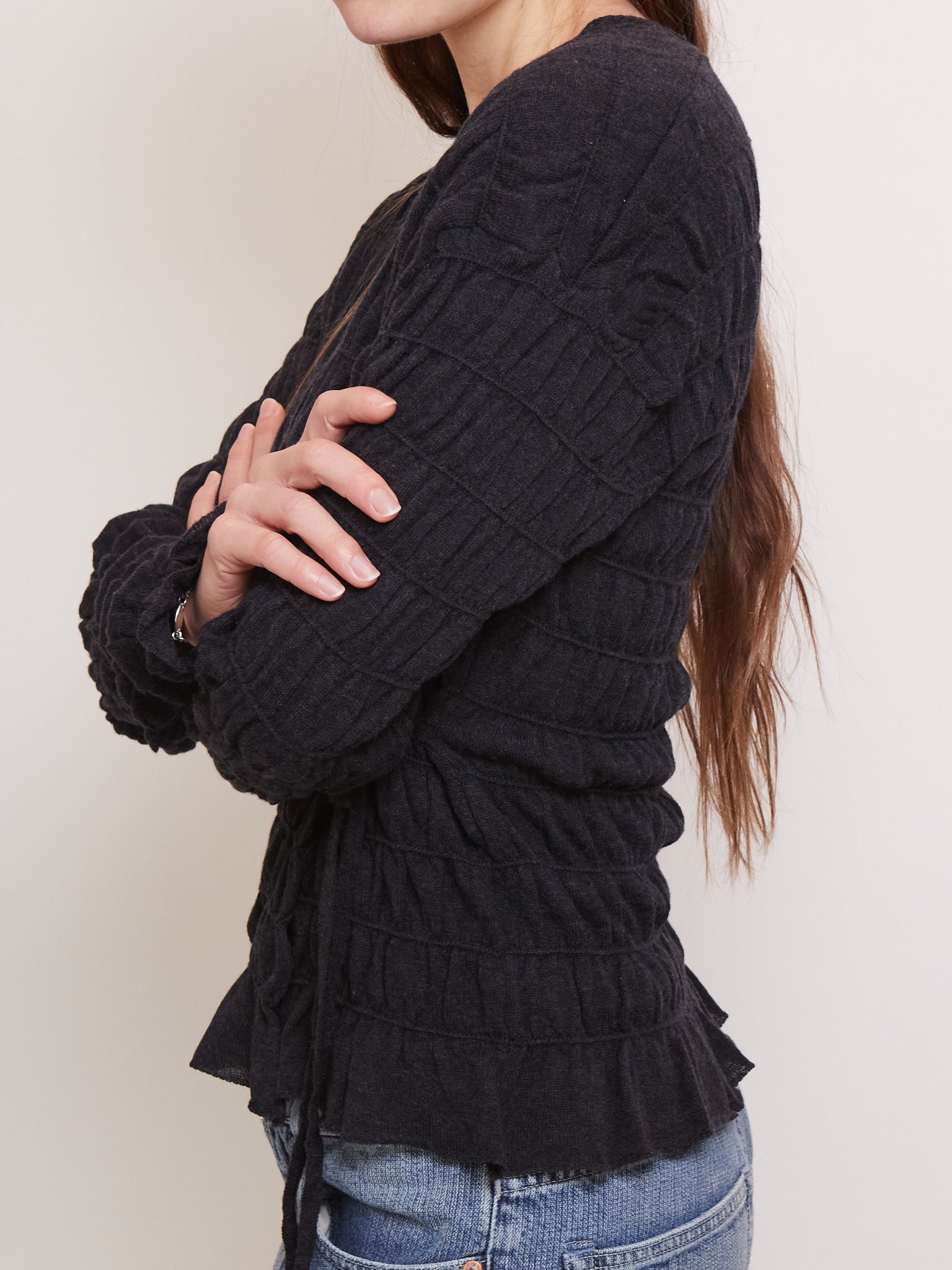 Cordera Merino Wool Gathered Cardigan Anthracite, curated by Shop Sommer in San Francisco.