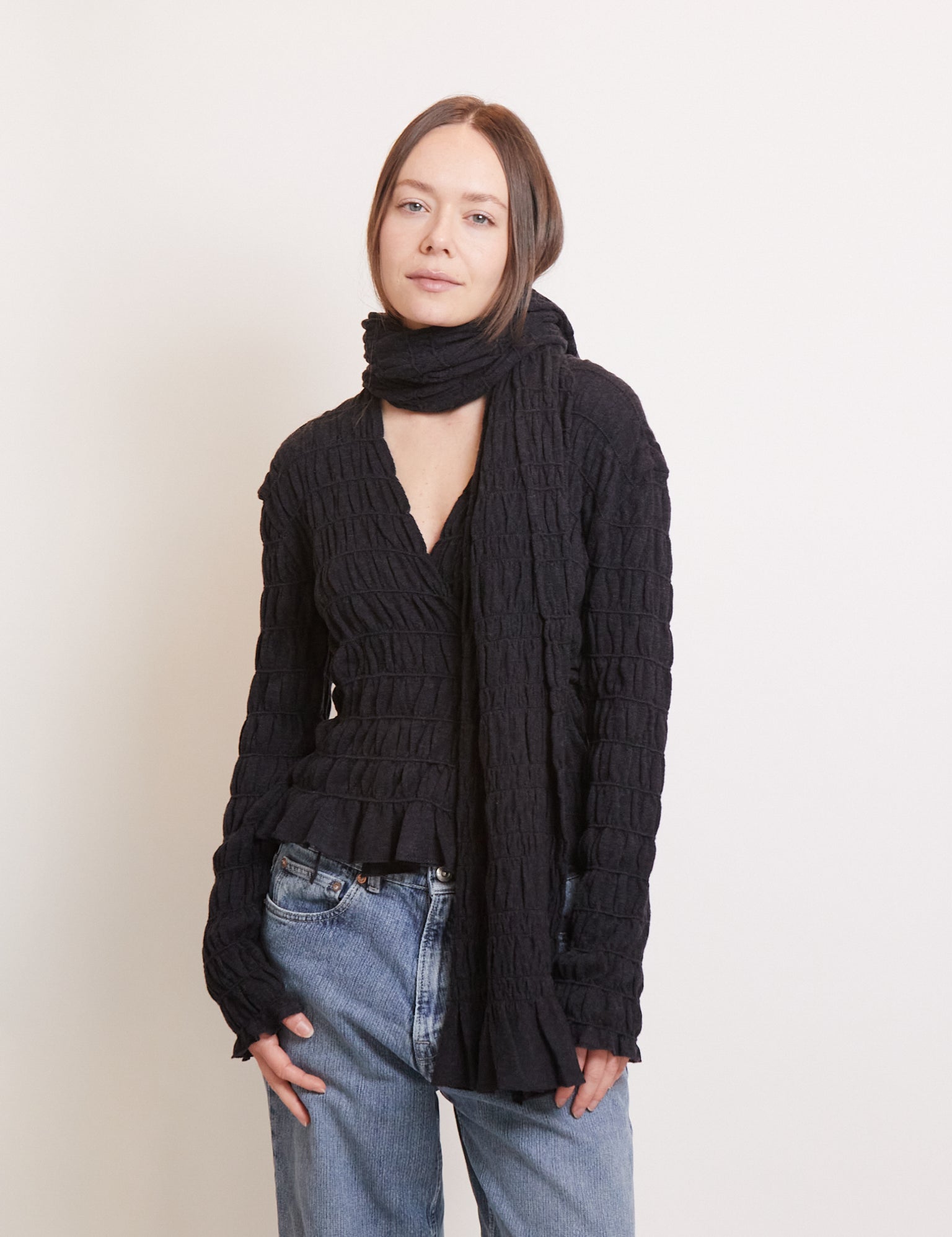 Cordera Merino Wool Gathered Wrap Anthracite, curated by Shop Sommer in San Francisco.