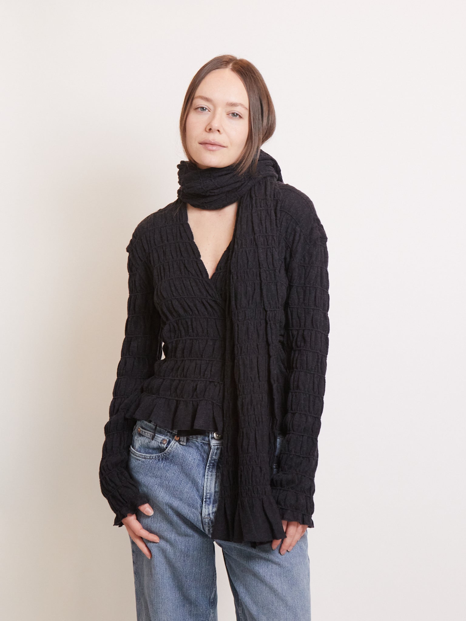 Cordera Merino Wool Gathered Wrap Anthracite, curated by Shop Sommer in San Francisco.