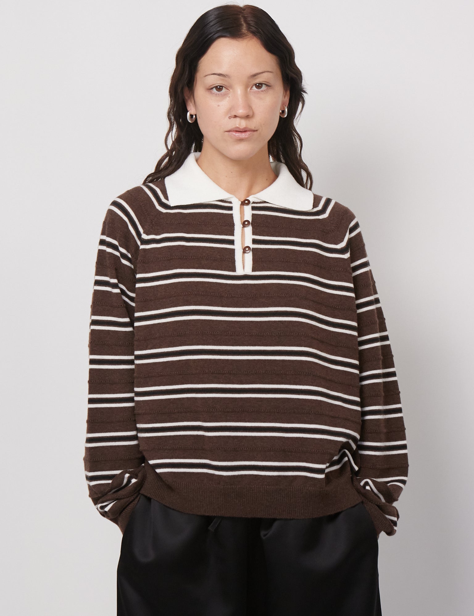 Merino Wool Striped Polo in Brown by Cordera, curated by Shop Sommer in San Francisco. 