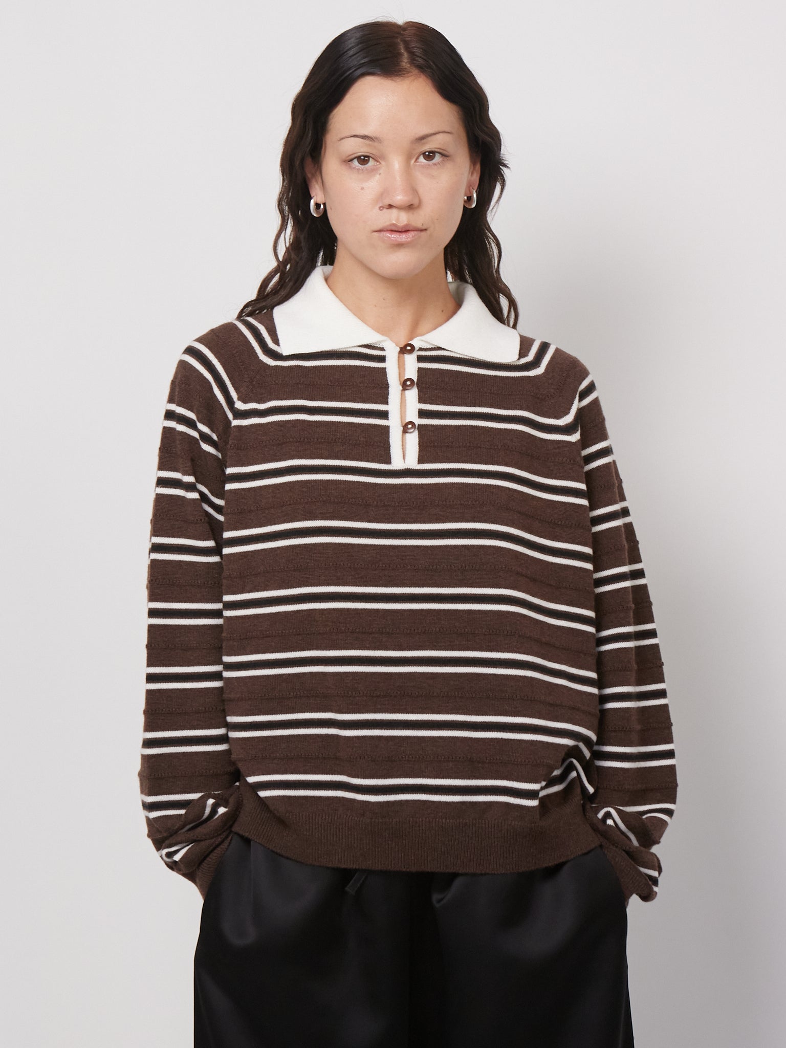 Merino Wool Striped Polo in Brown by Cordera, curated by Shop Sommer in San Francisco. 