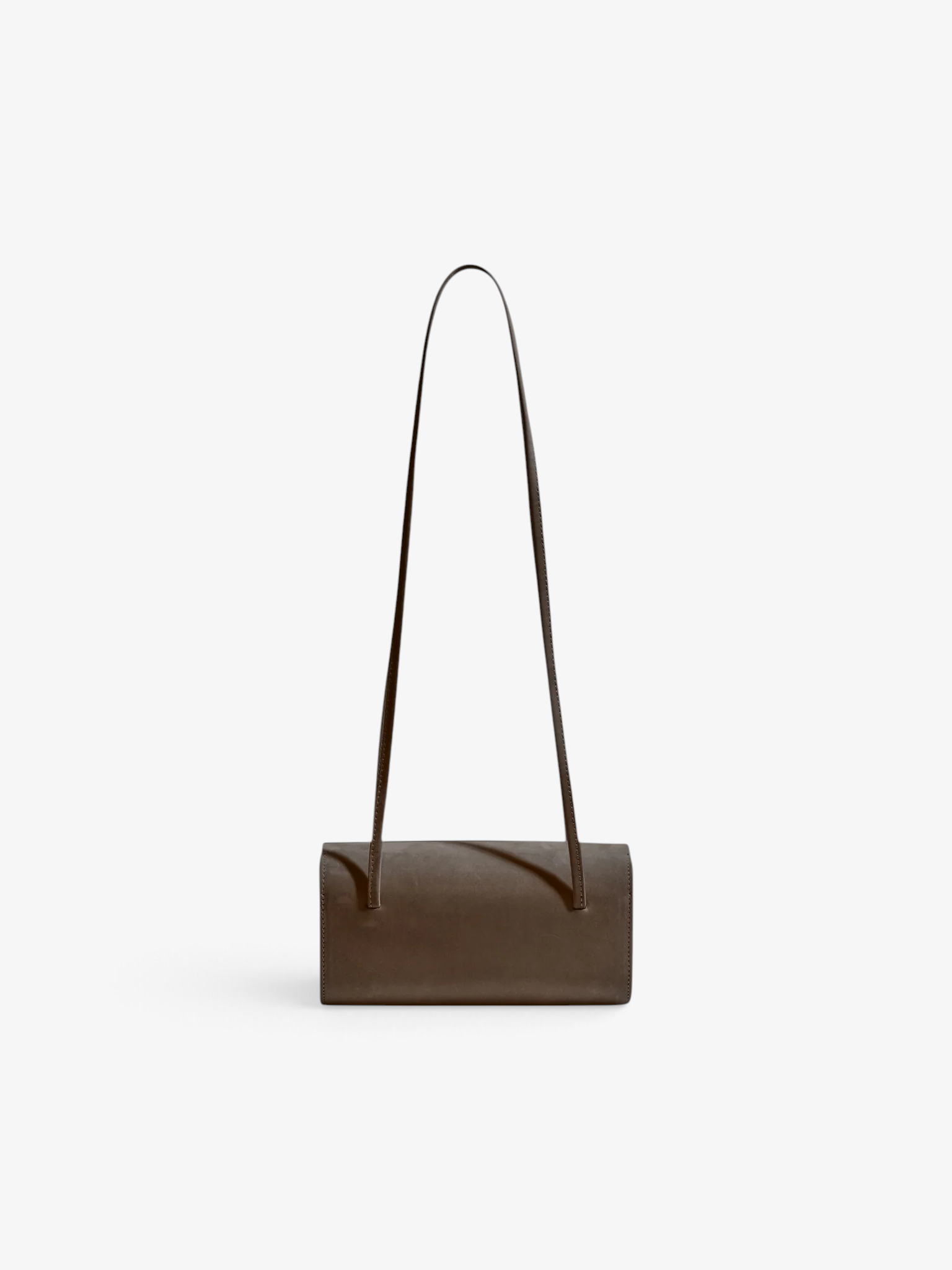 Sommer Mie Bag in dark charcoal nubuck leather with a boxy shape, long shoulder straps, and magnetic closure.