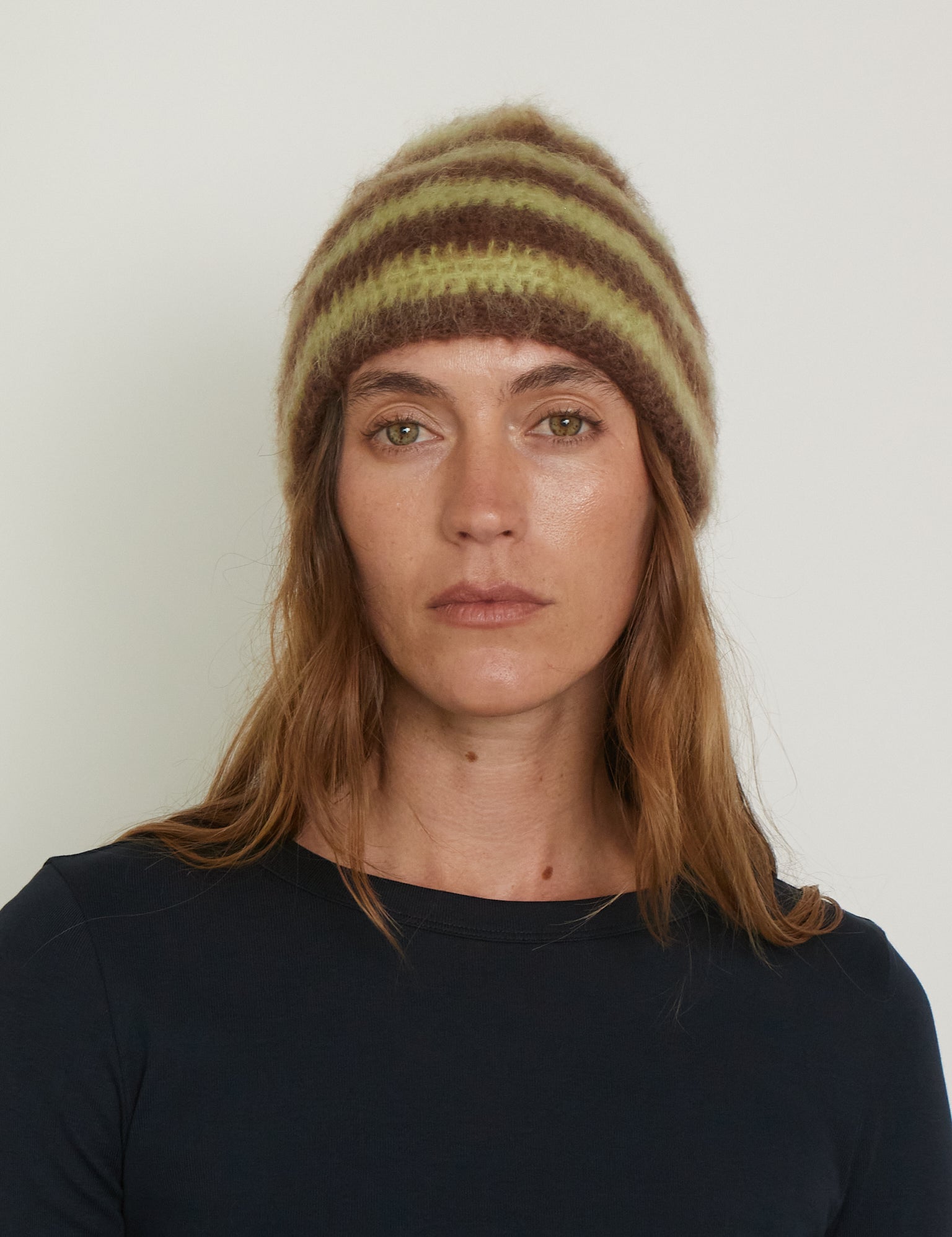 Lila Schaefer Brushed Mohair Hat Brown Green Stripe, curated by Shop Sommer in San Francisco.