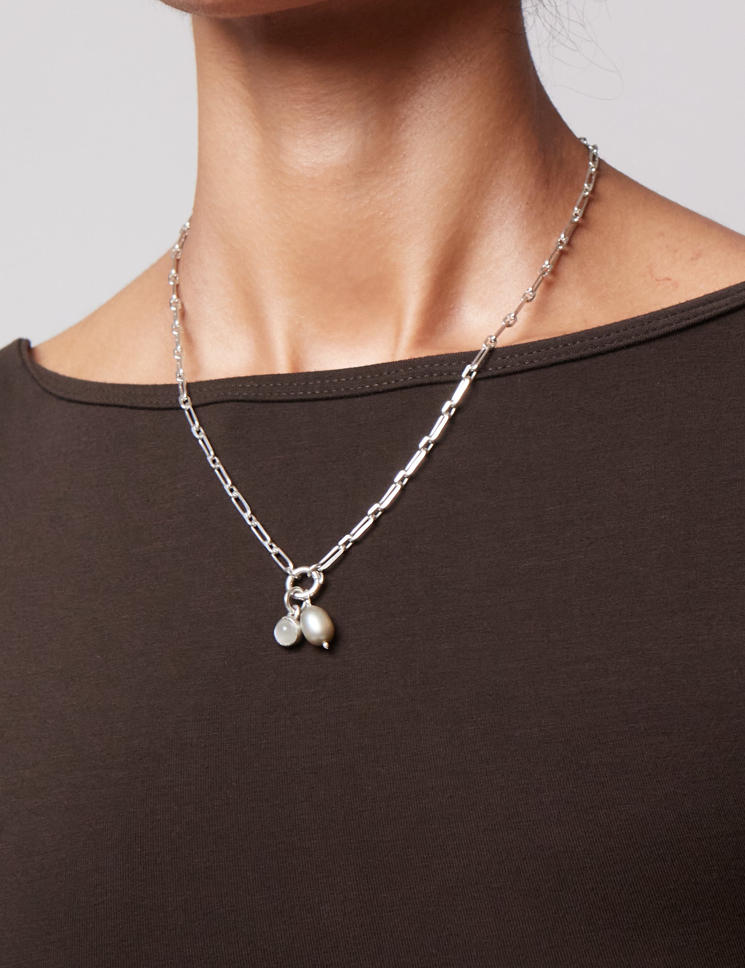 Nathalie Schreckenberg Medium Square Chain Necklace with Pearl and Moonstone Charms, curated by Shop Sommer in San Francisco.