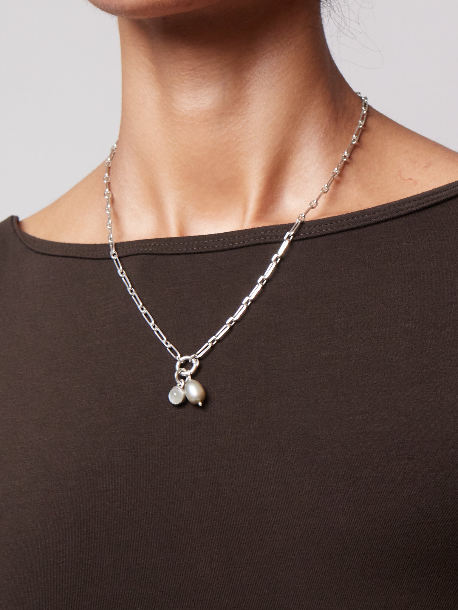 Nathalie Schreckenberg Medium Square Chain Necklace with Pearl and Moonstone Charms, curated by Shop Sommer in San Francisco.