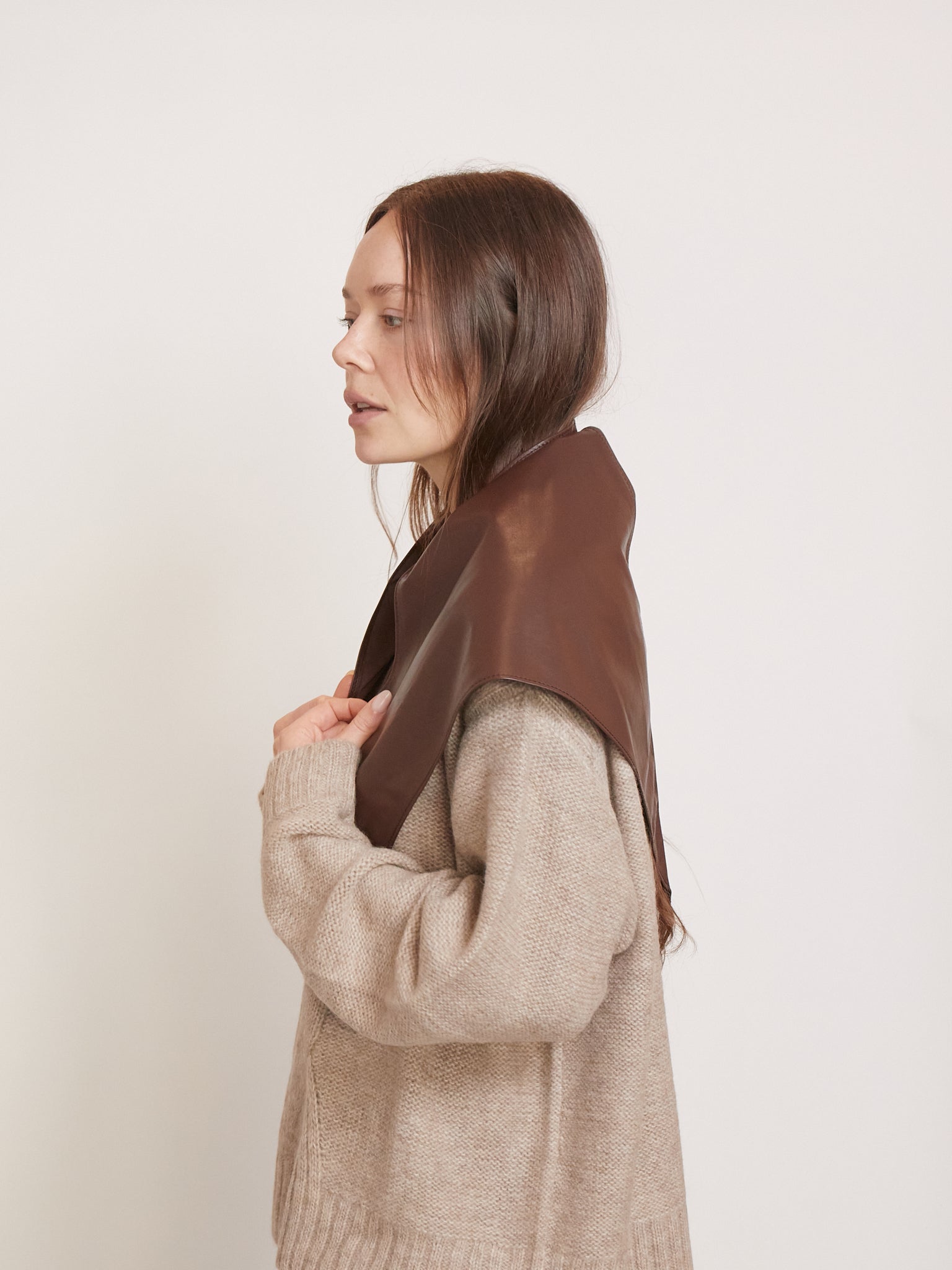 Pien Studios Triangular Leather Scarf in Chocolate, curated by Shop Sommer in San Francisco.