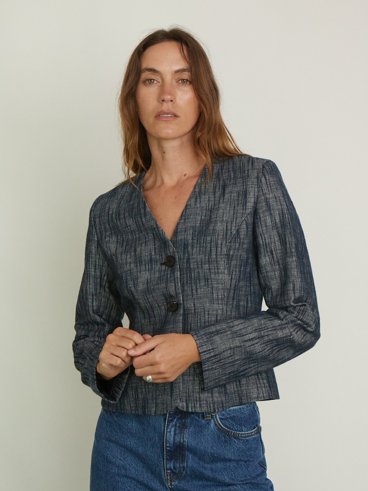 SKALL Adriane Blazer in Indigo Linen, curated by Shop Sommer in San Francisco.