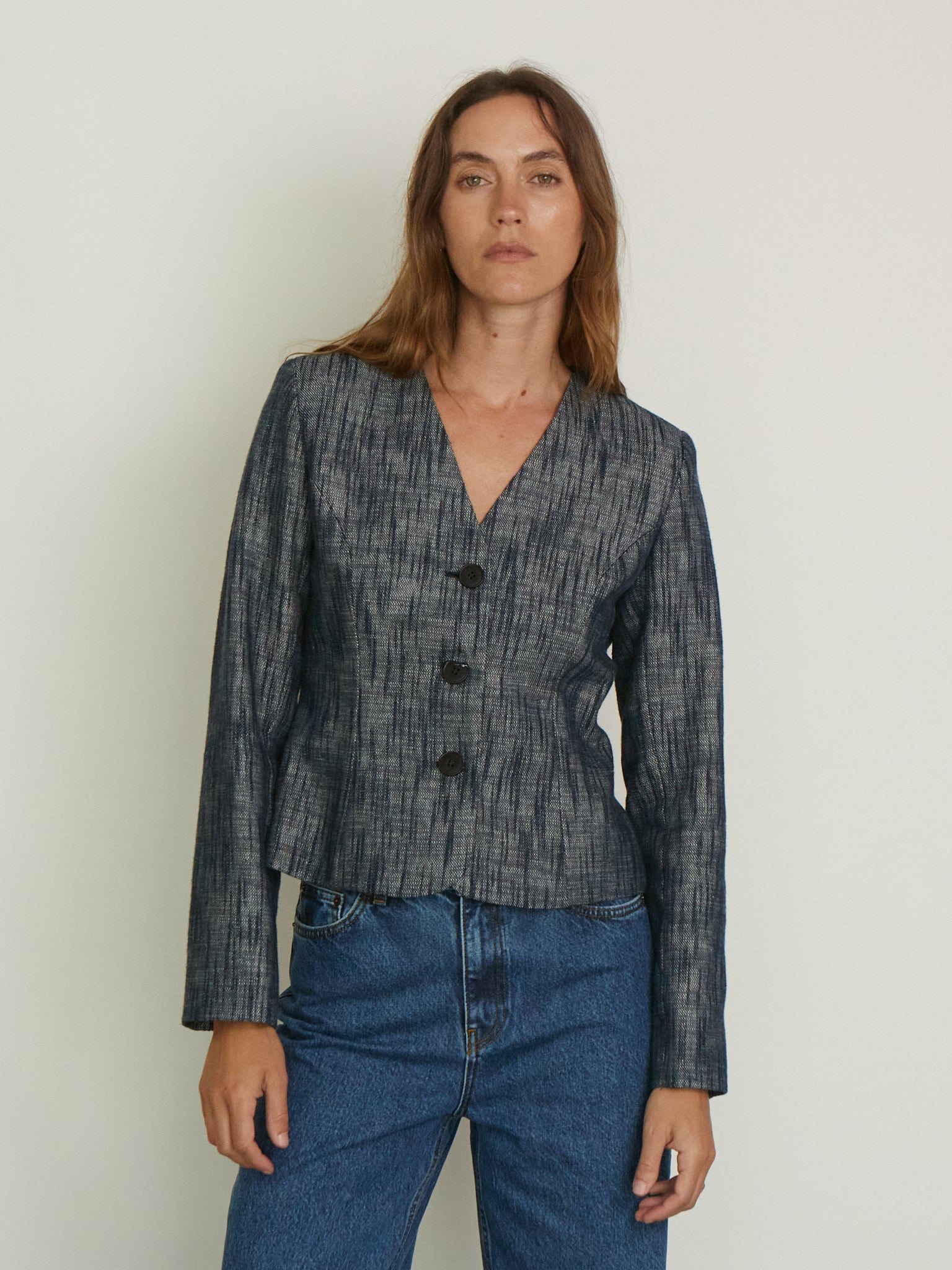 SKALL Adriane Blazer in Indigo Linen, curated by Shop Sommer in San Francisco.