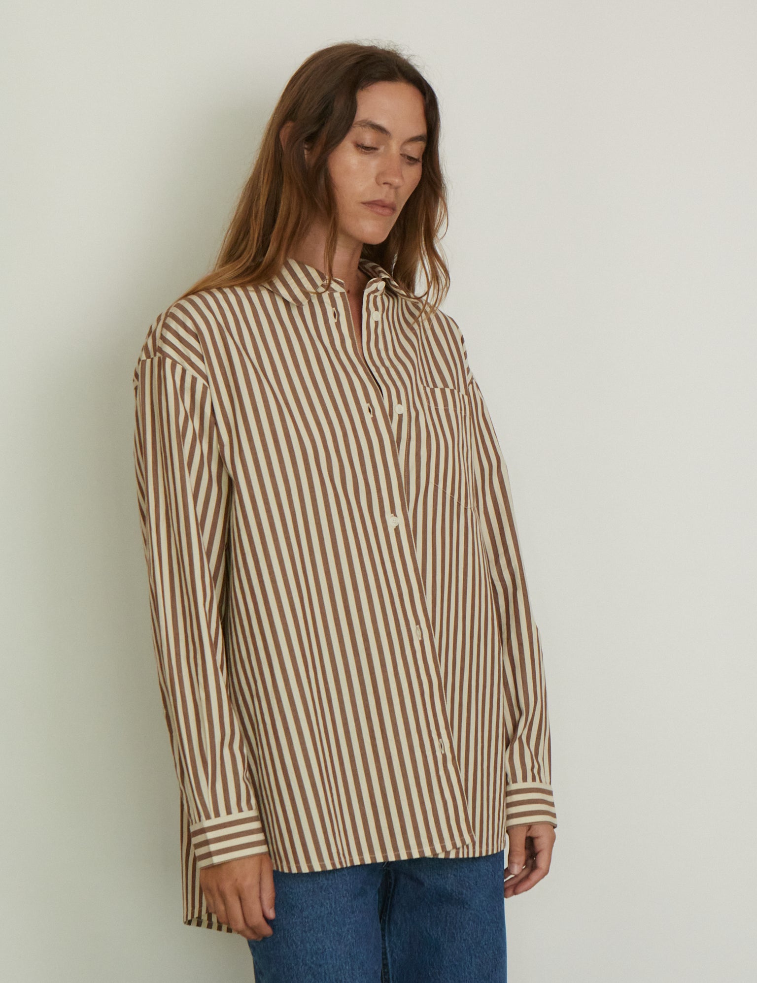 SKALL Edgar Shirt in Brown and Ecru Stripe, curated by Shop Sommer in San Francisco.